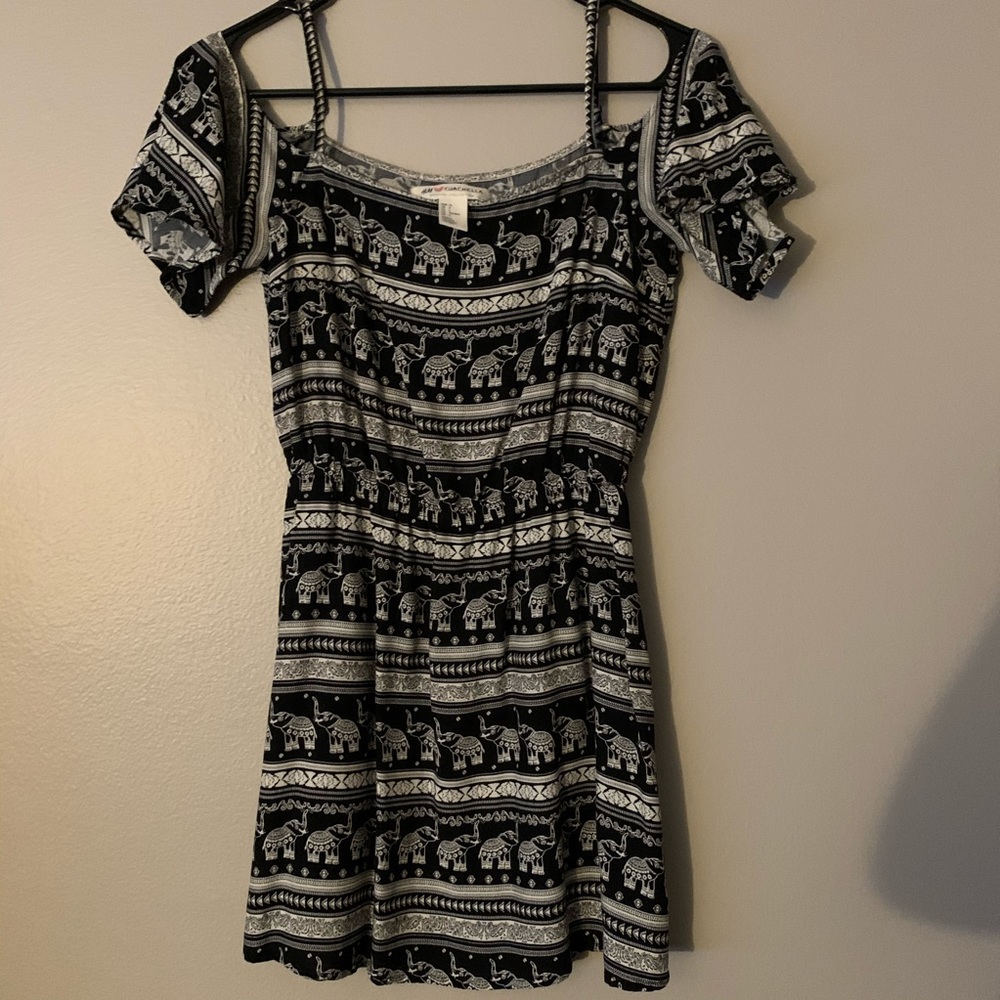Black and White Elephant Off-The-Shoulder Dress